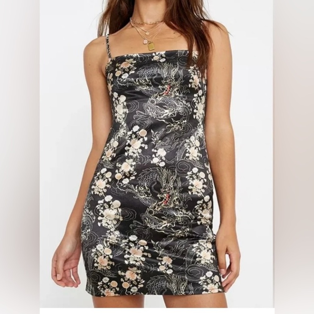 Urban Outfitters Dragon Print Sateen Black Mini Dress